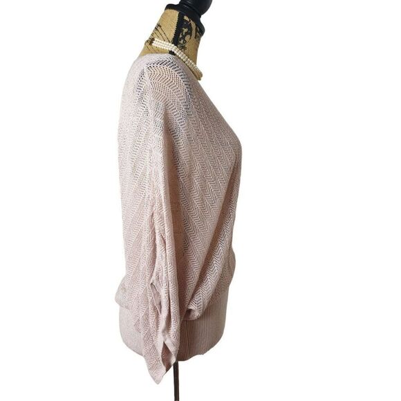 Women's V-Neck Sweater M Open Knit Pink Glitter Draped Short Sleeve Top - Picture 3 of 9